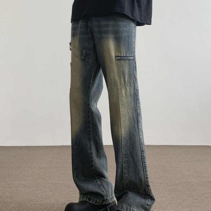 春 コーデ メンズ 用 服 シンプル ファッション 大人 紳士服 アメリカン ストリート フレア パンツ ブルー ダメージ 秋 デニムパンツ カジュアル 通勤スタイル 重ね着コーデ ゆったりシルエット 快適フィット 動きやすい デイリー
