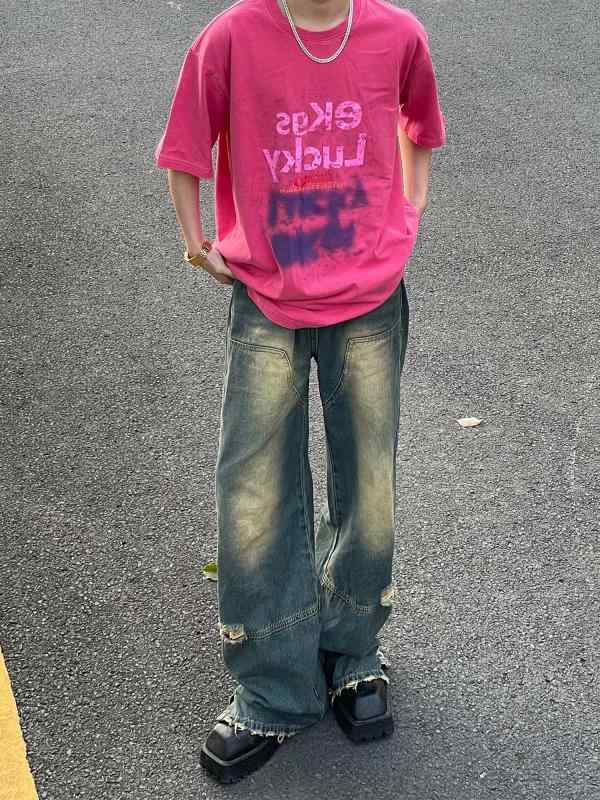 春 コーデ メンズ 用 服 大人 紳士服 アメリカン ストリート カジュアル ゆったり ワイド ジーンズ パンツ ダメージ ユニセックス カジュアル 通勤スタイル 重ね着コーデ ゆったりシルエット 快適フィット 動きやすい デイリー