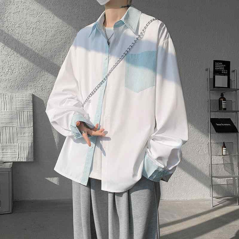 春 コーデ メンズ 用 服 シンプル ファッション オシャレ 大人 かっこいい 紳士服 ゆったり 長袖 シャツ ジャケット ストライプ ホワイト 春 カジュアル 通勤スタイル 重ね着コーデ ゆったりシルエット 軽アウター