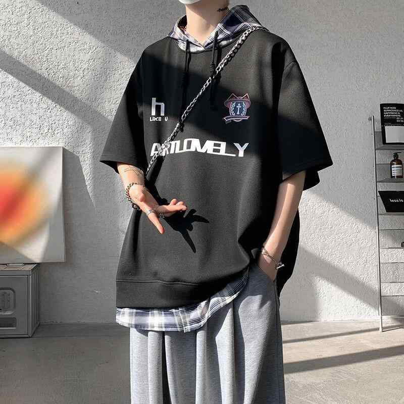春 コーデ メンズ 用 服 シンプル ファッション オシャレ 大人 かっこいい 紳士服 アメリカン 半袖 フード付き チェック シャツ 夏 カジュアル 通勤スタイル 重ね着コーデ ゆったりシルエット さらっと着 普段使い