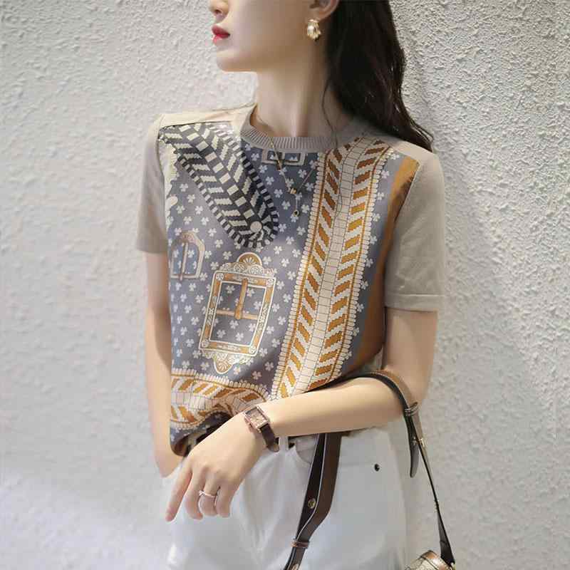 春 コーデ レディース ファッション オシャレ カワイイ シンプル きれいめ ナチュラル 上品カジュアル 婦人服 ホワイト カラー 夏 プリント ニット 半袖 Tシャツ トップス