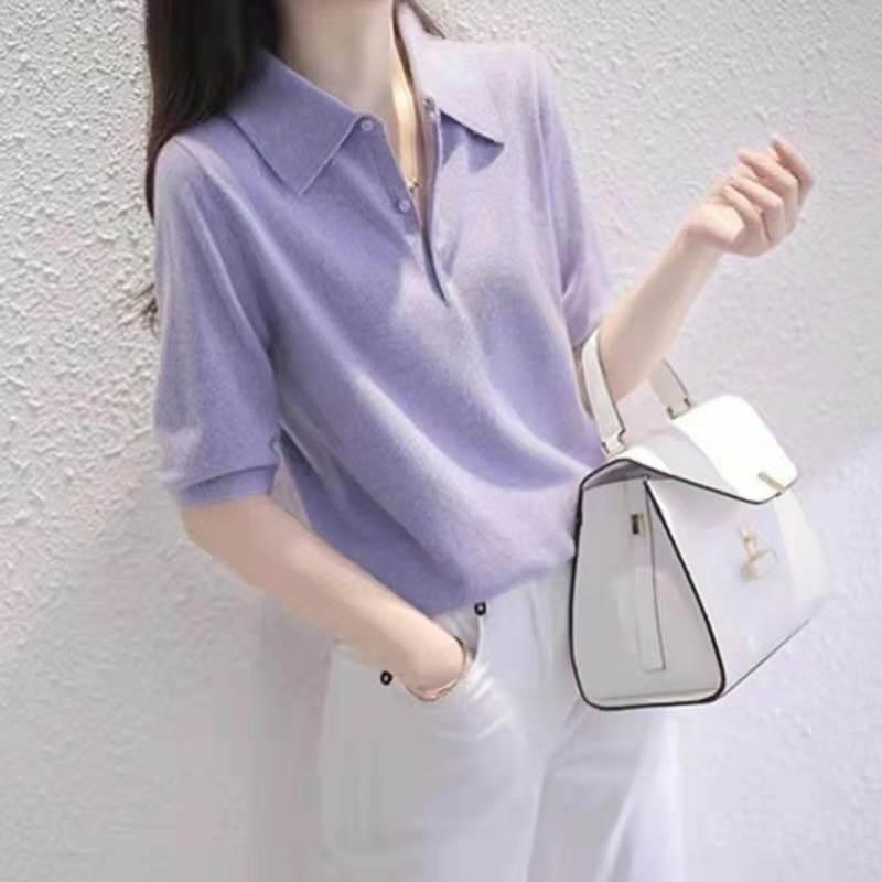 春 コーデ レディース ファッション オシャレ カワイイ シンプル きれいめ ナチュラル 上品カジュアル 婦人服 ホワイト カラー 夏 ポロ 白 紫 半袖 セーター Tシャツ