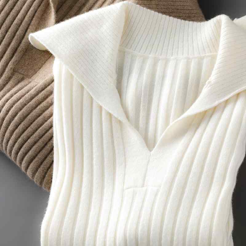 春 コーデ レディース ファッション オシャレ カワイイ シンプル きれいめ ナチュラル 上品カジュアル 婦人服 ポロカラー セーター スリム ストライプ セーター プルオーバーシャツ