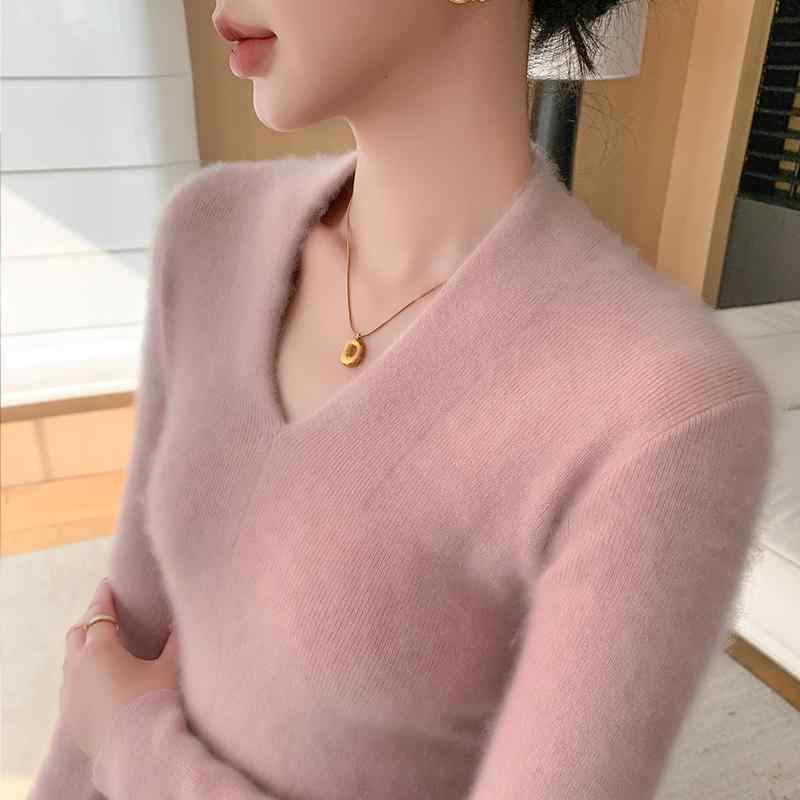 春 コーデ レディース 流行り物 オシャレ カワイイ   分かりやすい 好いたらしいめ 自然的 雅びやか心地よい お上さん服 ホンブルグ帽 Vのど首 か細い填まる スウェーター ソリッドカラー スリミング 長袖 防寒 軍事基地 サクラ色
