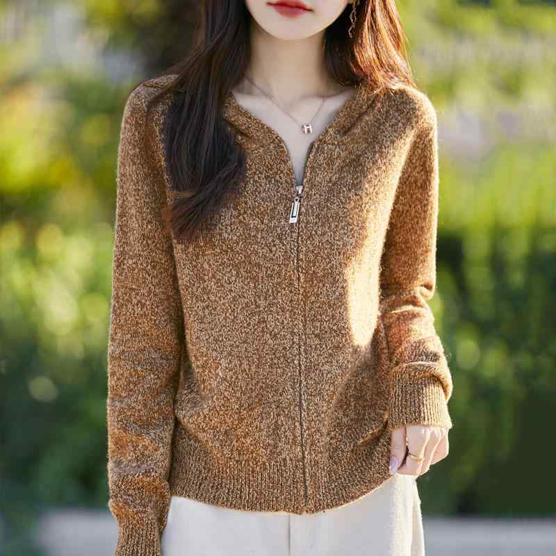 春 コーデ レディース ファッション オシャレ カワイイ シンプル きれいめ ナチュラル 上品カジュアル 婦人服 ハイエンド クラシック ウール セーター フード付き スウェットシャツ 防寒 ニット ジッパー カーディガン ジャケット