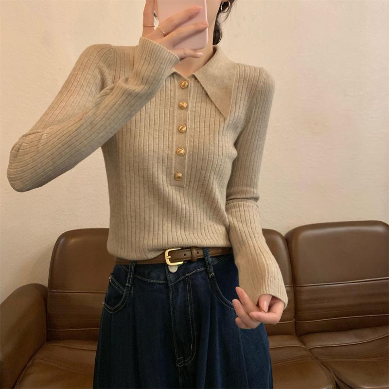 春 コーデ レディース 流行り物 オシャレ カワイイ   分かりやすい 好いたらしいめ 自然的 雅びやか心地よい お上さん服 白いこと 色合い フレンチ ポロ か細い 羊毛 編み物 度合い輪っか プルオーバー トップス