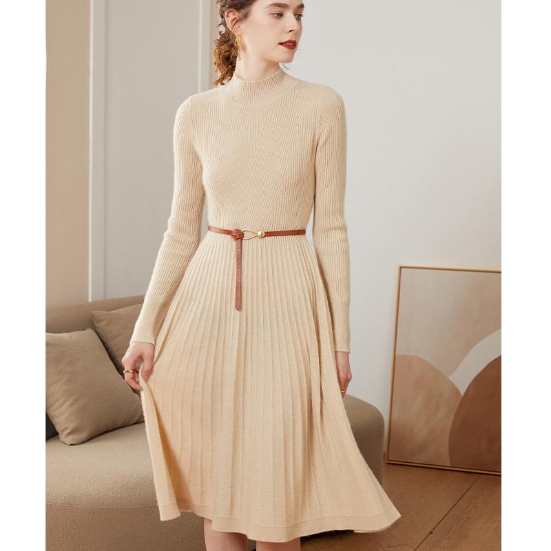 春 コーデ レディース ファッション オシャレ カワイイ シンプル きれいめ ナチュラル 上品カジュアル 婦人服 フレンチ ハーフ タートルネック ドレス ミッドレン グスプル オーバー プリーツ ニット スリム セーター ｜リコット