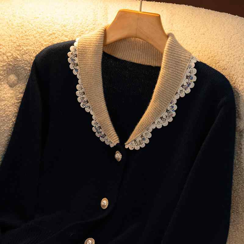 春 コーデ レディース ファッション オシャレ カワイイ シンプル きれいめ ナチュラル 上品カジュアル 婦人服 レース Vネックカーディガン ソフト 防寒 長袖 ニット ジャケット 黒 セーター