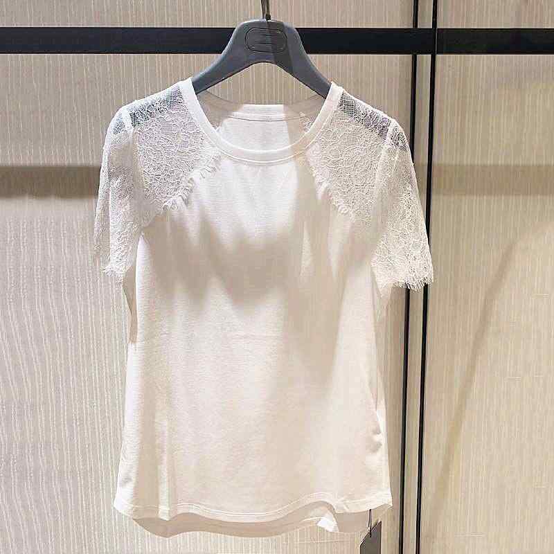 春 コーデ レディース ファッション オシャレ カワイイ シンプル きれいめ ナチュラル 上品カジュアル 婦人服 ホワイト カラー 夏 黒 半袖 Tシャツ レース ステッチ トップス