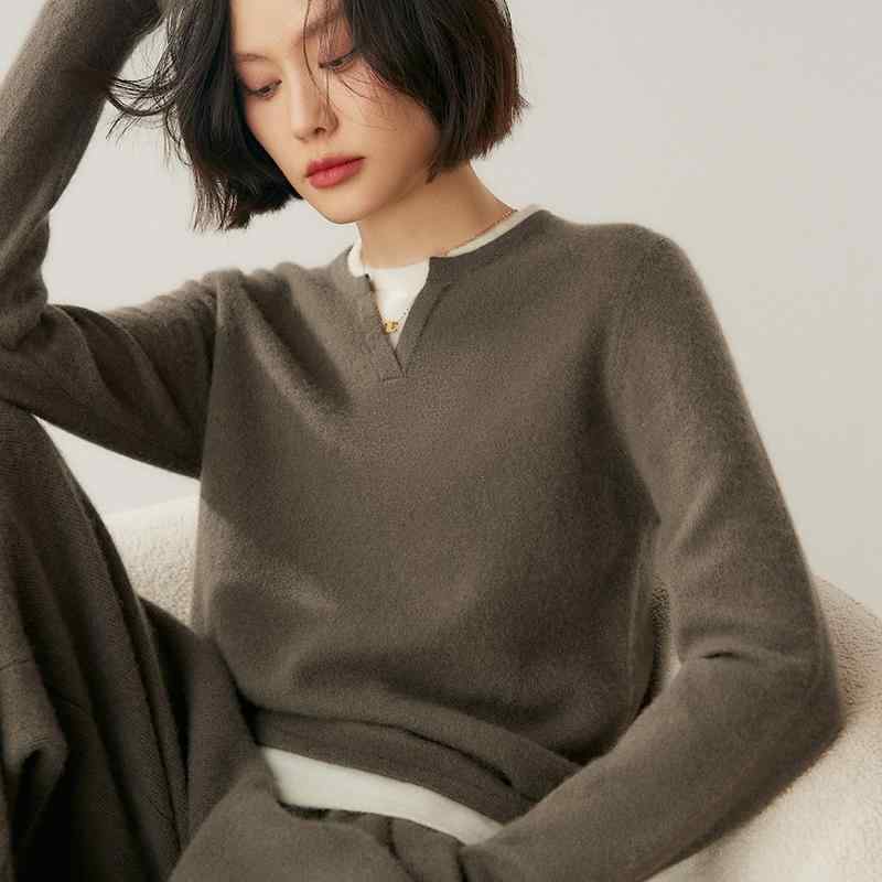 春 コーデ レディース ファッション オシャレ カワイイ シンプル きれいめ ナチュラル 上品カジュアル 婦人服 カラー ブロック フェイク ツーピース ベビー セーター ダブル ネック ラウンドネック Vネック ｜リコット