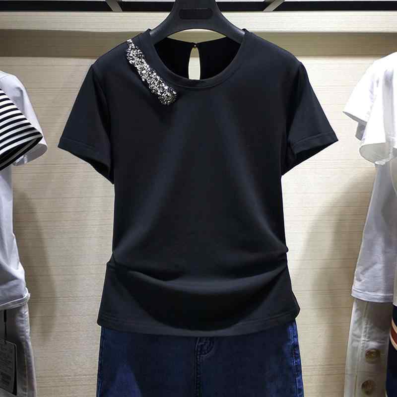 春 コーデ レディース 流行り物 オシャレ カワイイ   分かりやすい 好いたらしいめ 自然的 雅びやか心地よい お上さん服 白いこと 色合い 夏 プルオーバー ビーズ 黒 ラウンドのど首 半袖 トップス