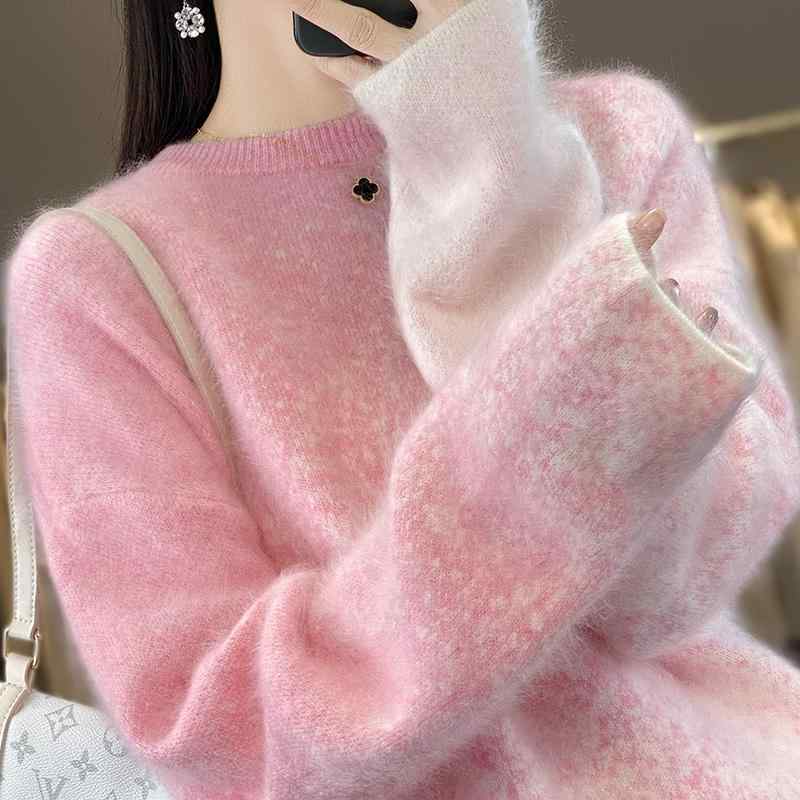 春 コーデ レディース ファッション オシャレ カワイイ シンプル きれいめ ナチュラル 上品カジュアル 婦人服 グラデーション ピンク セーター ラウンドネック ニット インナーウェア