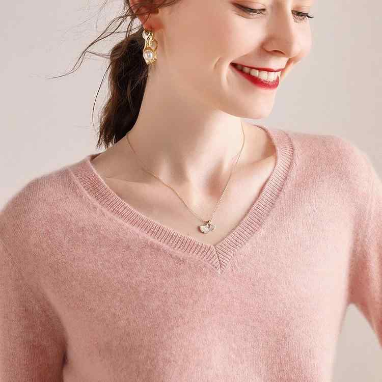 春 コーデ レディース ファッション オシャレ カワイイ シンプル きれいめ ナチュラル 上品カジュアル 婦人服 ソフト セーター Vネック 長袖 ソリッドカラー ネック ベース