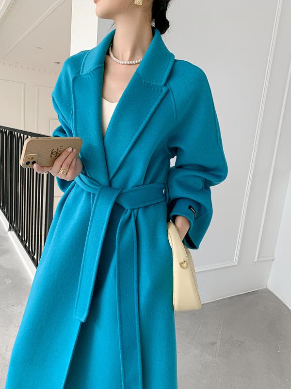春 コーデ レディース ファッション オシャレ カワイイ シンプル きれいめ ナチュラル 上品カジュアル 婦人服 ハイエンド レースアップ ロング コート ブルー ウール ｜リコット