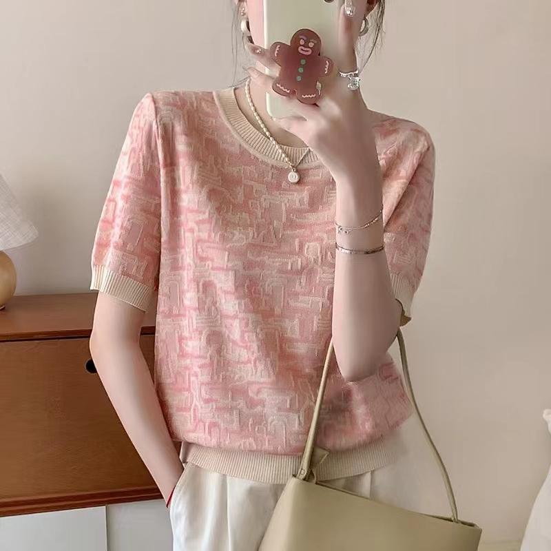 春 コーデ レディース 流行り物 オシャレ カワイイ   分かりやすい 好いたらしいめ 自然的 雅びやか心地よい お上さん服 白いこと 色合い 夏 サクラ色 ラウンドのど首 スウェーター 半袖 プルオーバー