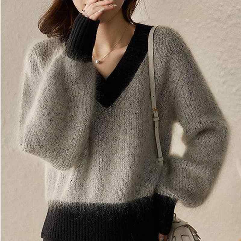 春 コーデ レディース ファッション オシャレ カワイイ シンプル きれいめ ナチュラル 上品カジュアル 婦人服 ホワイト カラー Vネック ブロック セーター ニット