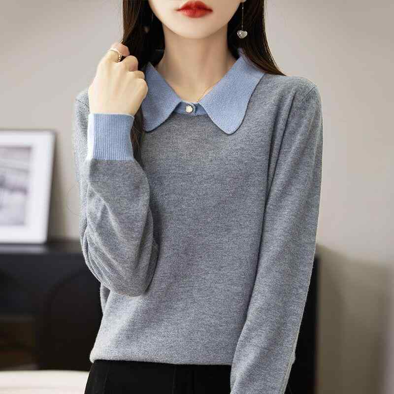 春 コーデ レディース ファッション オシャレ カワイイ シンプル きれいめ ナチュラル 上品カジュアル 婦人服 ホワイト カラー フレンチ フェイク ツーピース ウール セーター