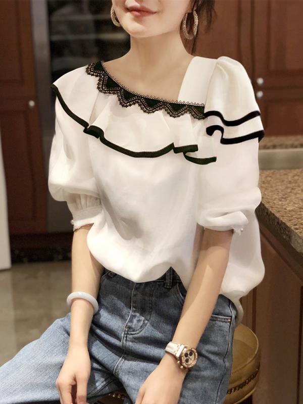 春 コーデ レディース 流行り物 オシャレ カワイイ   分かりやすい 好いたらしいめ 自然的 雅びやか心地よい お上さん服 夏 白 フラウンス シフォンプルオーバー スピード競技 パフ捩り 半袖 トップス