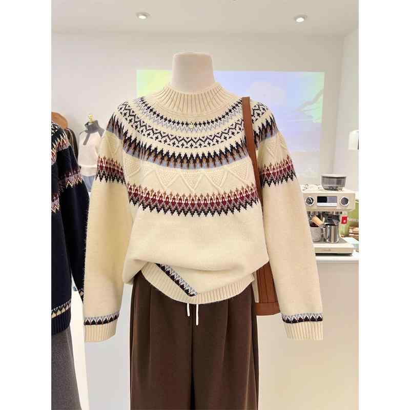 春 コーデ レディース 流行り物 オシャレ カワイイ   分かりやすい 好いたらしいめ 自然的 雅びやか心地よい お上さん服 空蝉 ラウンドのど首 天鵝絨 スウェーター 古典派音楽 ジャカード か細い ホンブルグ帽 防寒 ティーシャツ