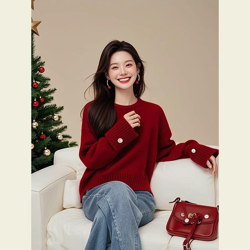 春 コーデ レディース ファッション オシャレ カワイイ シンプル きれいめ ナチュラル 上品カジュアル 婦人服 クラシック バーガンディ クリスマス セーター ハイエンド シャツ