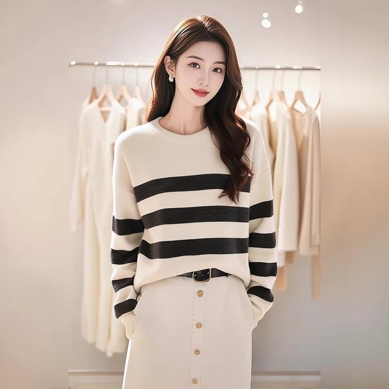 春 コーデ レディース ファッション オシャレ カワイイ シンプル きれいめ ナチュラル 上品カジュアル 婦人服 クラシック クラシック ストライプ スリム ラウンドネック セーター 通勤ウェア シンプル トップス