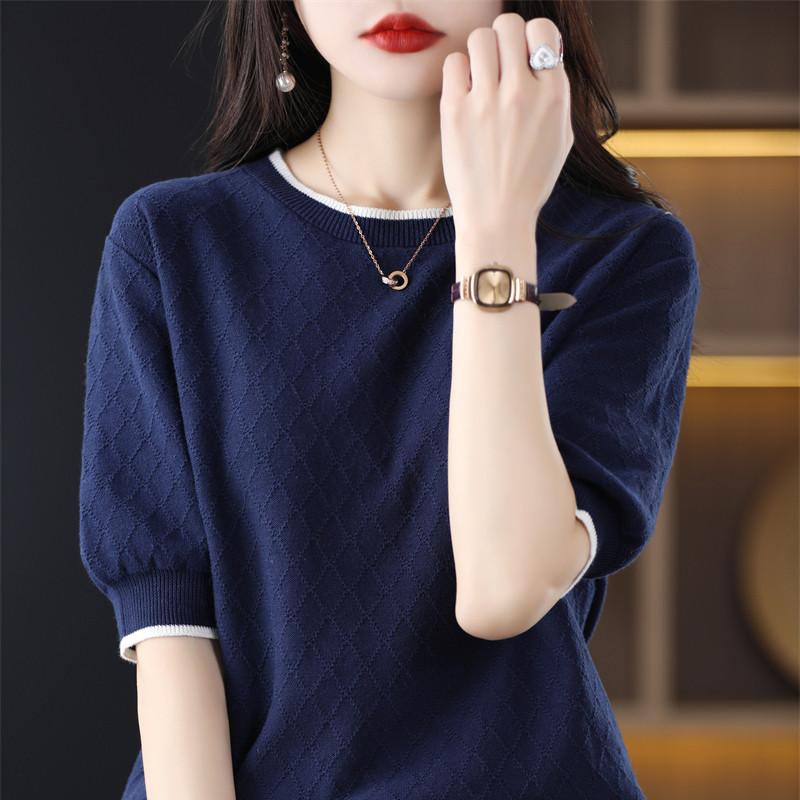 春 コーデ レディース ファッション オシャレ カワイイ シンプル きれいめ ナチュラル 上品カジュアル 婦人服 カラー ブロック コットンリネン ラウンドネック 半袖 Tシャツ 菱形 トップス 夏