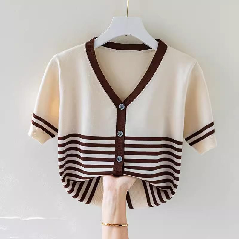 春 コーデ レディース ファッション オシャレ カワイイ シンプル きれいめ ナチュラル 上品カジュアル 婦人服 Vネック 半袖 Tシャツ 夏 コントラスト ストライプ ニット トップス