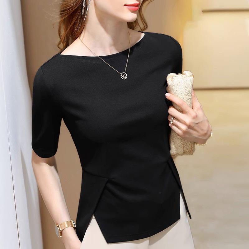 春 コーデ レディース ファッション オシャレ カワイイ シンプル きれいめ ナチュラル 上品カジュアル 婦人服 半袖 Tシャツ 裾 スリット シック トップス