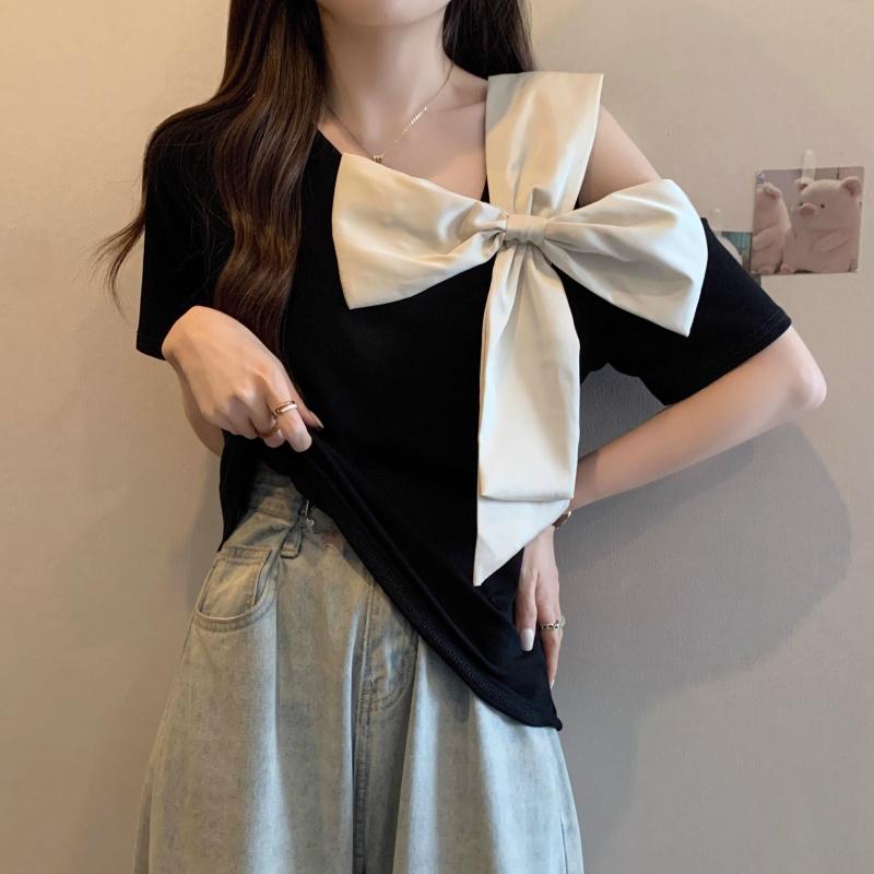 レディース 大人 きれいめ シンプル 上品 着回し ベーシック カジュアル ナチュラル ロングシーズン レディー スフ レンチボウノットオフショルダーストレートショルダー Tシャツ 大きいサイズ スリミング シック シャツ 半袖 トップス