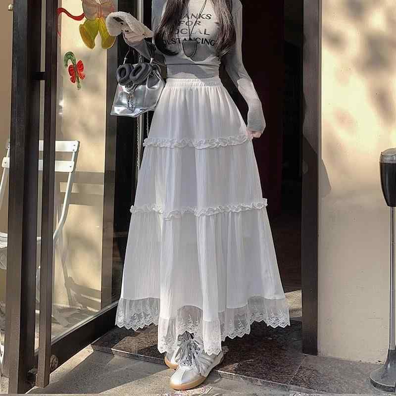 レディース 大人 きれいめ シンプル 上品 着回し ベーシック カジュアル ナチュラル ロングシーズン ホワイトレースミディスカート スリミング フリル トリム ミドル丈 フル スカート