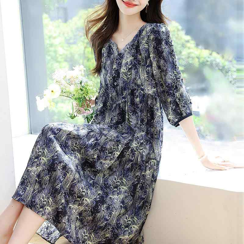 秋コーデ レディース ファッション シフォン ワンピース 婦人服 春秋 花柄 七分袖 ミドル丈 スカート