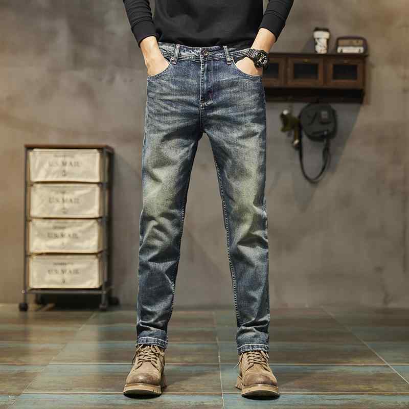 メンズ ファッション 服 男性用 オシャレ シンプル 大人 かっこいい ストリート ハイエンド ヘビーデューティー アメリカン レトロ ダメージ加工 ウォッシュ マッド イエロー ジーンズ スリム ストレート スプリング パンツ