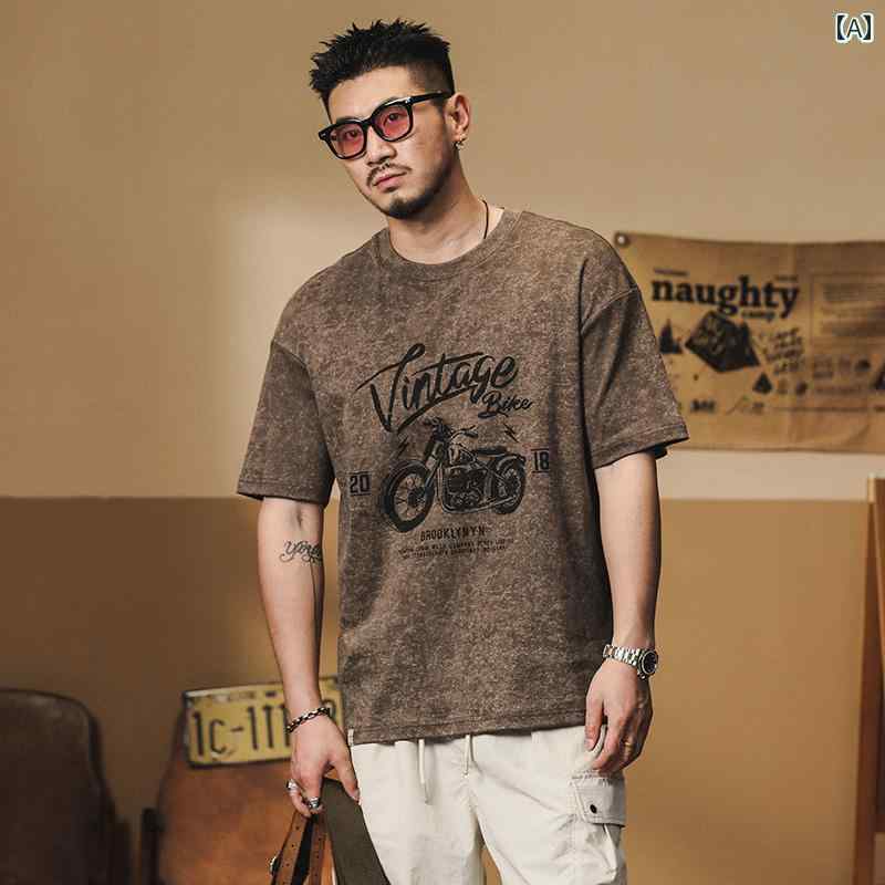 メンズ ファッション 服 男性用 オシャレ シンプル 大人 かっこいい ストリート アメリカン レトロ コットン 半袖 Tシャツ ゆったり 花 プリント 半袖 Tシャツ