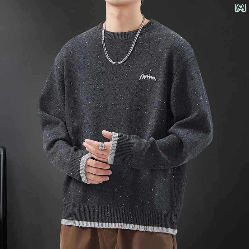 メンズ 流行り物 服 成人男性用 オシャレ 分かりやすい 成年者 かっこいい 表どおり  ラウンドネックプルオーバー スウェーター か細い填まる 薄墨色 色合い 点点 韓国表現スタイル 編み物 スウェーター 度合い輪っか プルオーバー