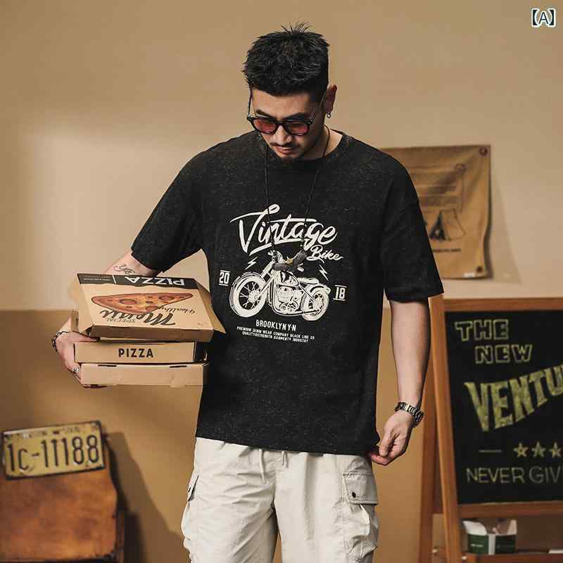 メンズ ファッション 服 男性用 オシャレ シンプル 大人 かっこいい ストリート アメリカン ヘビー レトロ 半袖 Tシャツ ゆったり ミル ウォッシュ 半袖 服