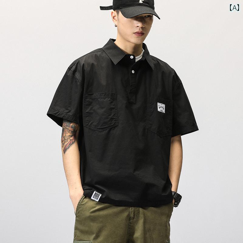 メンズ ファッション 服 男性用 オシャレ シンプル 大人 かっこいい ストリート 薄手 半袖 プルオーバー シャツ アメリカン レトロ コットンシャツ ポロ シャツ 半袖 セーター ジャケット ｜リコット