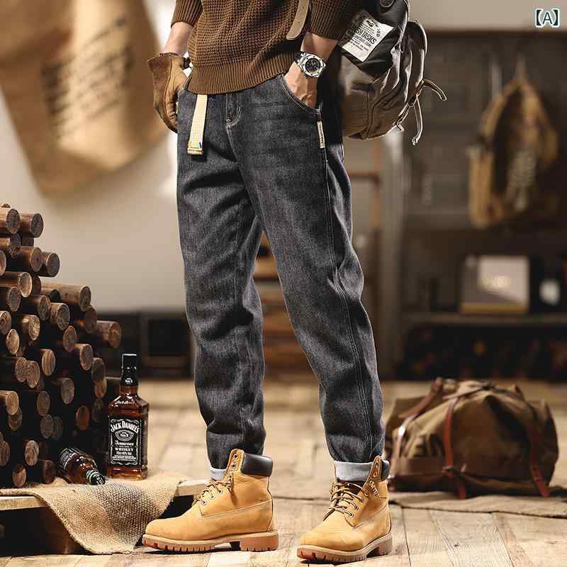 メンズ ファッション 服 男性用 オシャレ シンプル 大人 かっこいい ストリート アメリカン レトロ ブラック グレー ベルベット ジーンズ ストレート パンツ オールド ウォッシュ