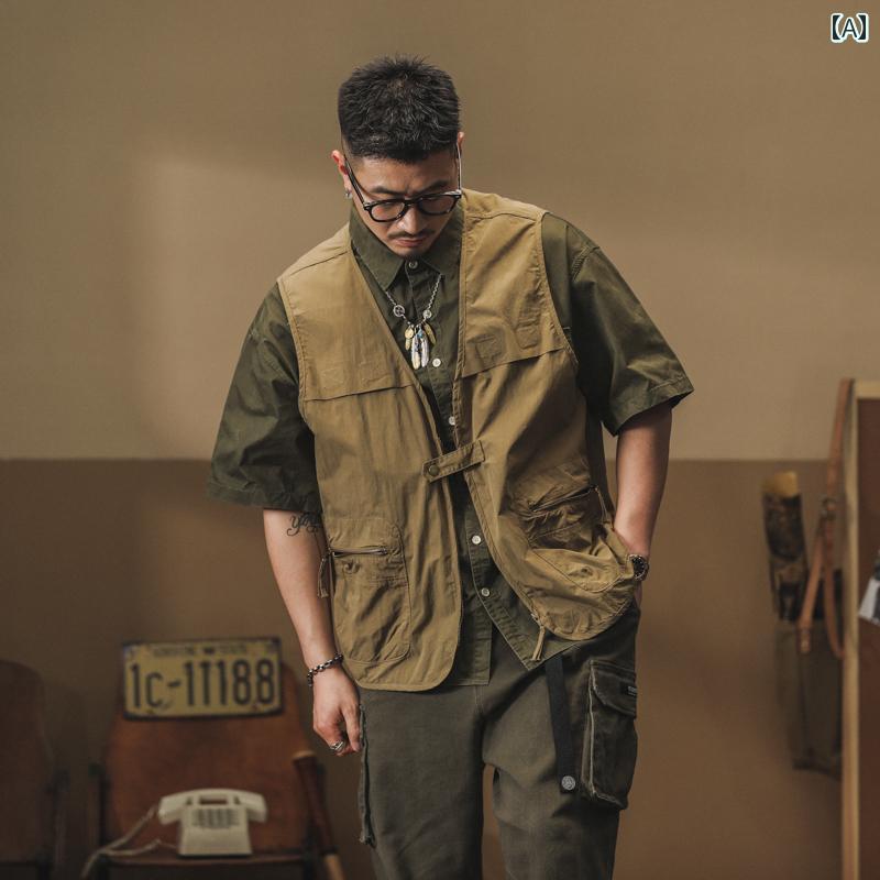 メンズ ファッション 服 男性用 オシャレ シンプル 大人 かっこいい ストリート レトロ ベスト 薄手 ノースリーブベスト ジャケット タクティカル ウエスト コート ベスト