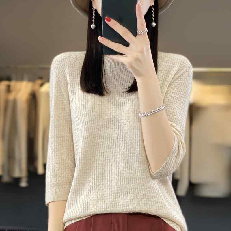 春コーデ レディース 大人 きれいめ シンプル 上品 着回し ベーシック カジュアル ナチュラル ロングシーズン ファースト ライン 服 繊維 七分袖 ニット トップベースレイヤーインナー ラウンドネック 薄手 セーター