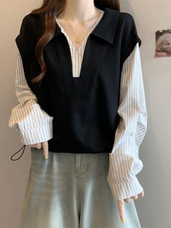 レディース 大人 きれいめ シンプル 上品 着回し ベーシック カジュアル ナチュラル ロングシーズン フェイクツーピースポロカラースウェットシャツ スタイル ゆったり フィット ら トップス