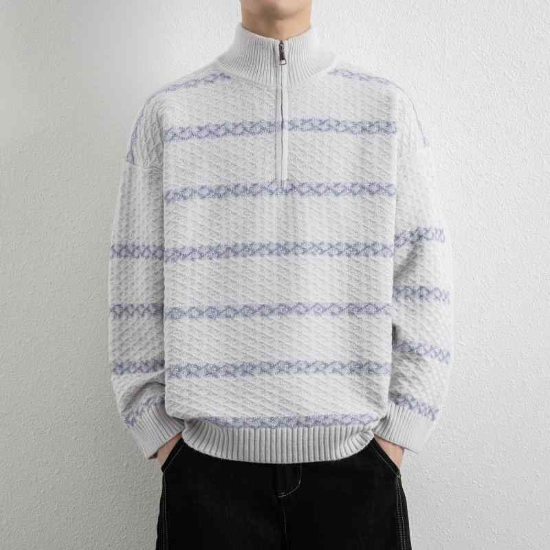 メンズ 流行り物 服 成人男性用 オシャレ 分かりやすい 成年者 かっこいい 表どおり 成人男性服  ハイネック 縞模様 ファスナー プルオーバー ゆったり ティーシャツ 軍事基地 編み物お召しもの メンズファッション-トップス