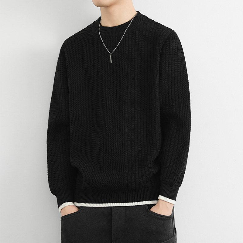 メンズ 流行り物 服 成人男性用 オシャレ 分かりやすい 成年者 かっこいい 表どおり 成人男性服  黒いこと クルーネックセーター 絨毛 編み物お召しもの 肌付き ニット・セーター-メンズファッション