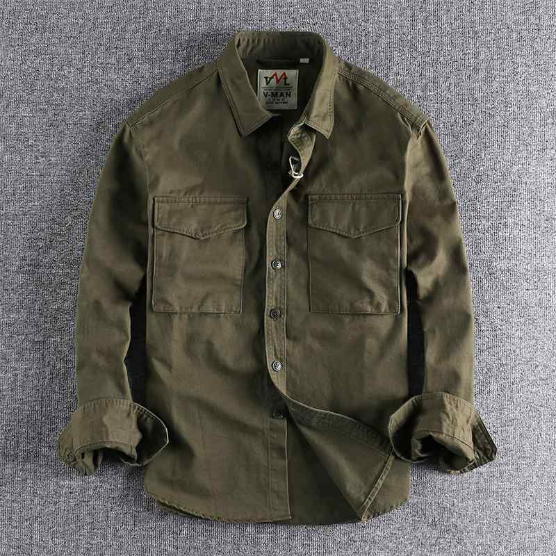 メンズ ファッション 服 男性用 シンプル かっこいい 大人 ストリート カジュアル ビジネス 通勤 アメリカン レトロ ウォッシュド 無地 ワークシャツ 立体 ダブル ポケット ジャケット