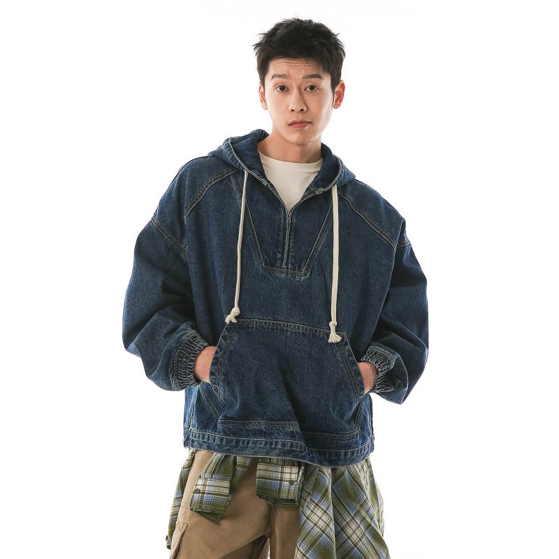 メンズ ファッション 服 男性用 シンプル かっこいい 大人 ストリート カジュアル ビジネス 通勤 アメリカン レトロ フード付き プルオーバー ジャケット スプリング ウォッシュ 無地 デニムジャケット フィット|リコット