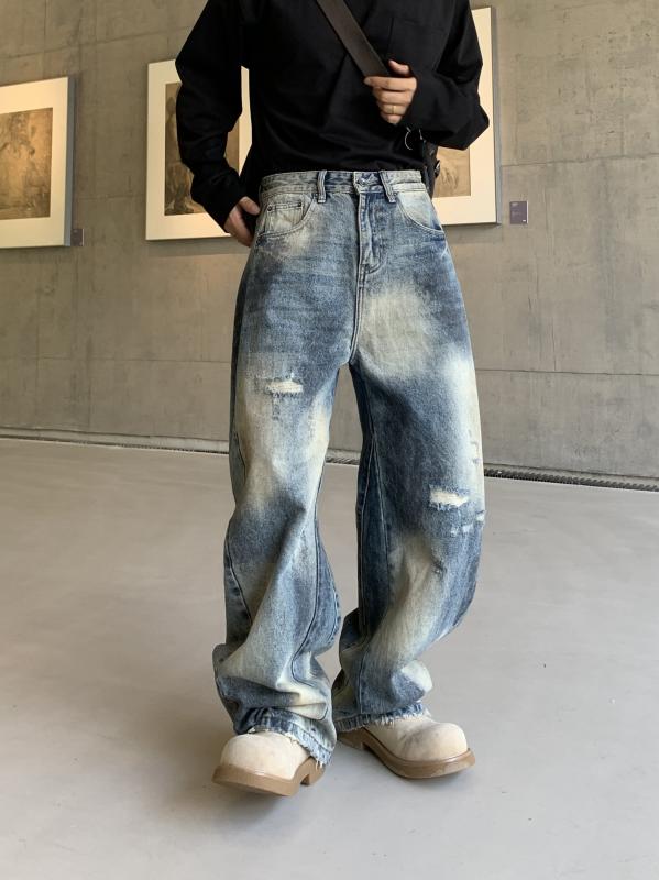 メンズ ファッション 服 男性用 シンプル かっこいい 大人 ストリート カジュアル ビジネス 通勤 ハイエンド ジーンズ ダメージ加工 ストレート レッグ フィット カジュアル カップル ウェア パンツ