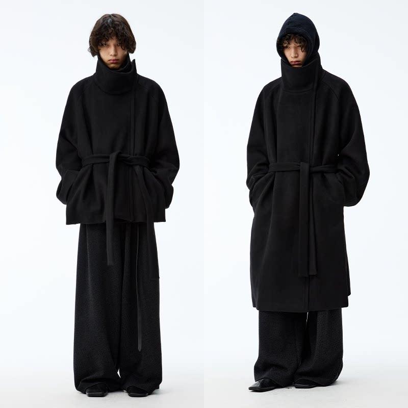 メンズ ファッション 服 男性用 シンプル かっこいい 大人 ストリート カジュアル ビジネス 通勤 斜め ジッパー ベルト付き コート ウール ゆったり フィット ロング丈|リコット