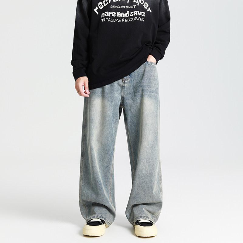 メンズ ファッション 服 男性用 シンプル かっこいい 大人 ストリート カジュアル ビジネス 通勤 アメリカン カジュアル レトロ ブルー ウォッシュ ストレート レッグ ジーンズ フィット ワイド パンツ