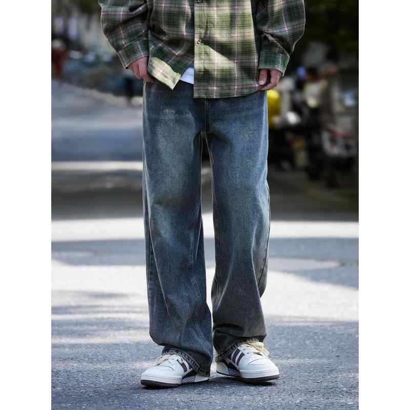メンズ ファッション 服 男性用 シンプル かっこいい 大人 ストリート カジュアル ビジネス 通勤 ブルー グレー アメリカン レトロ デニムジーンズ ラベル リップド 仕上げ 快適 ロング パンツ