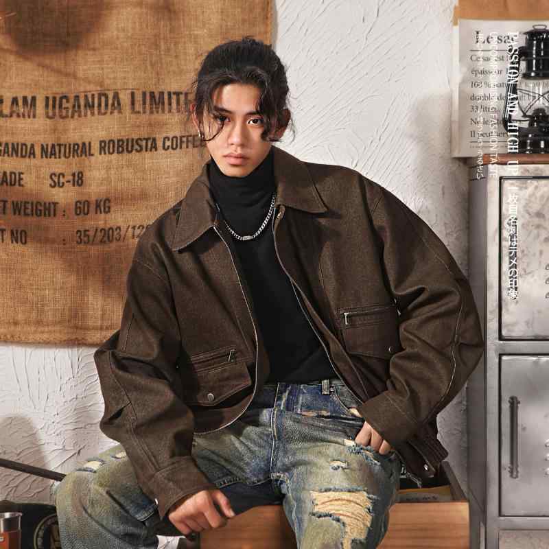メンズ ファッション 服 男性用 シンプル かっこいい 大人 ストリート カジュアル ビジネス 通勤 アメリカン レトロ オーバーサイズ コート ゆったり ワークウェア バイク ジャケット クール スタイリッシュ｜リコット