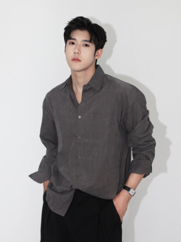 メンズ ファッション 服 男性用 シンプル かっこいい 大人 ストリート カジュアル ビジネス 通勤 シンプル 軽量 韓国スタイル クリーン フィット フローラル グレー カジュアル 長袖 シャツ｜リコット